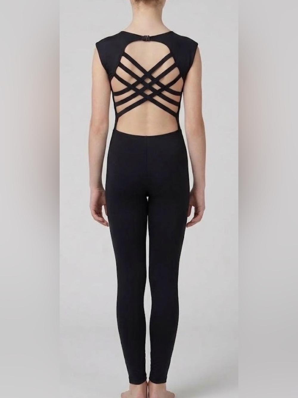 Black Strappy Mesh Cutout Dance Gymnastics Recital Jumpsuit Bodysuit S/M